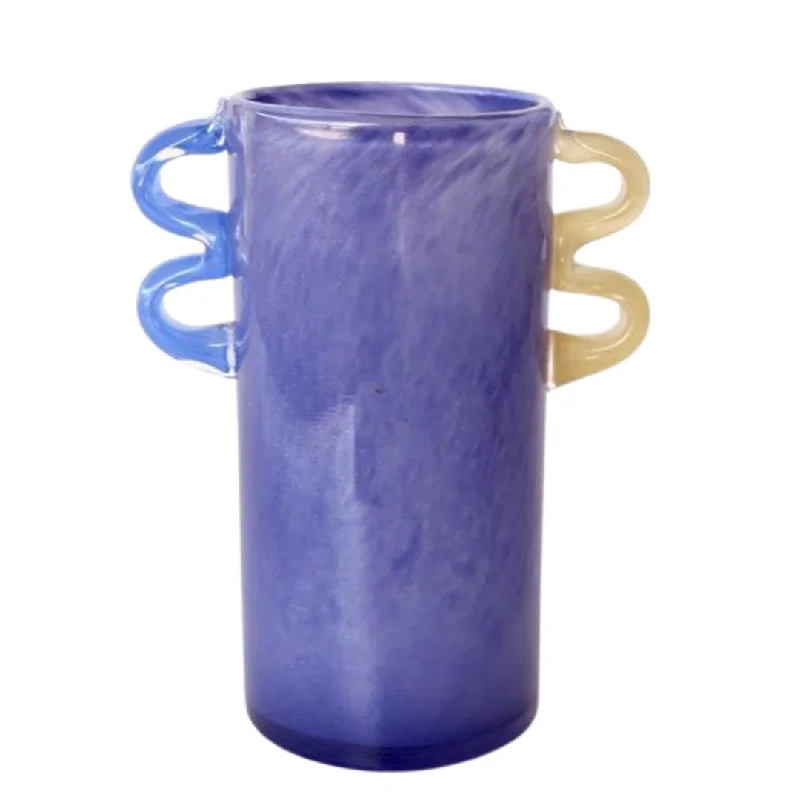 PURPLE GLASS VASE BLUE, YELLOW HANDLES 25X20X12.5CM