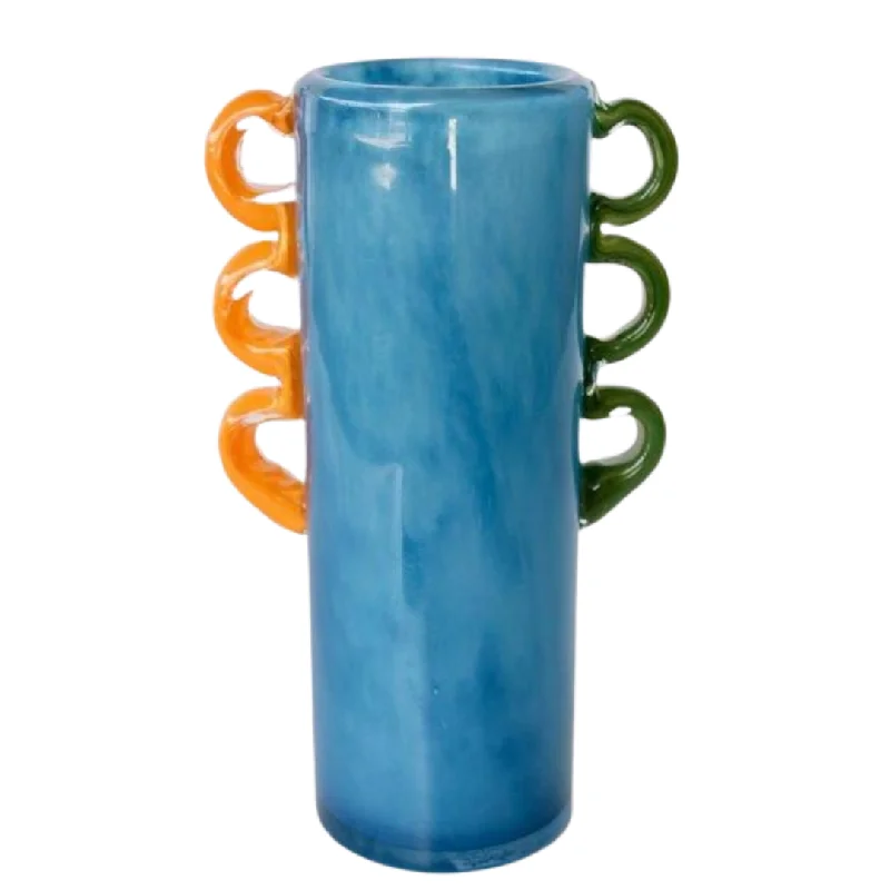 TALL BLUE GLASS VASE ORANGE, GREEN HANDLES 27.5X15X10CM