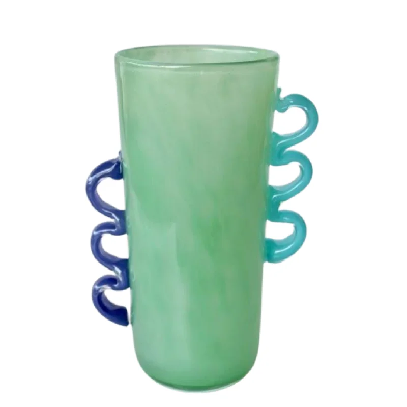 TALL GREEN GLASS VASE PURPLE, BLUE HANDLES 30X19X14CM