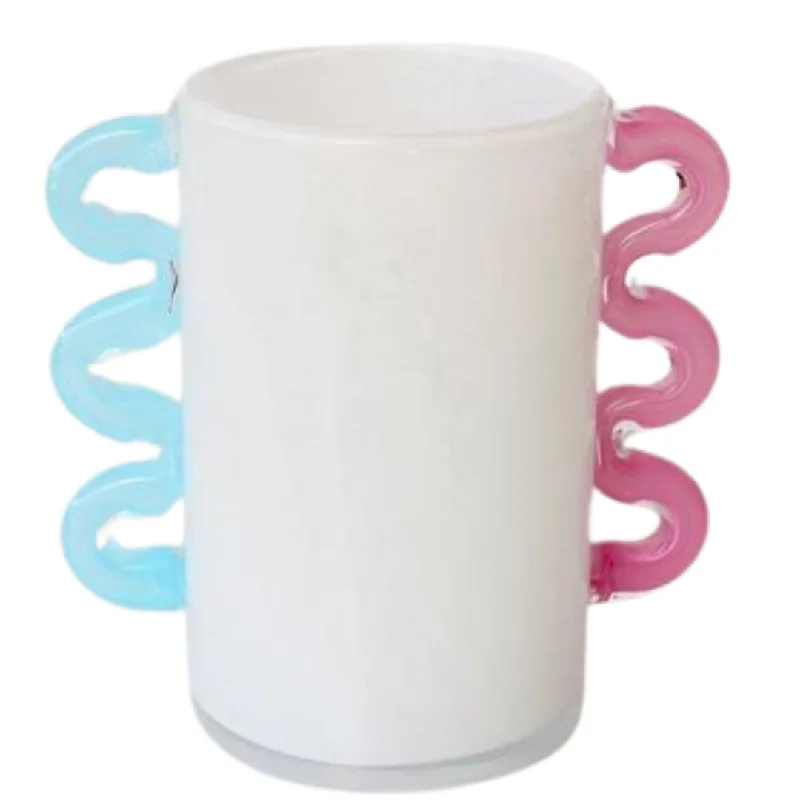 WHITE FROSTED GLASS VASE PINK, AQUA BLUE HANDLES 20X20X12.5CM