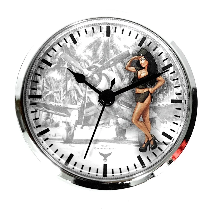 3 1/2" (90mm) Pinup Nose Art Army Salute WWII Airplane Brunette Fit-Up Insert Clock