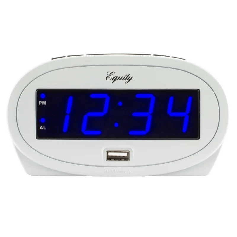 30025 Silver USB Charging Alarm Clock with Blue LED Display