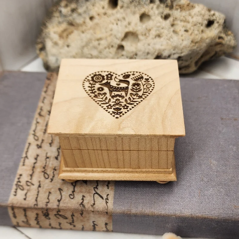 Folkart Inspired Music box with heart engraved on top, choose color and song, personalize