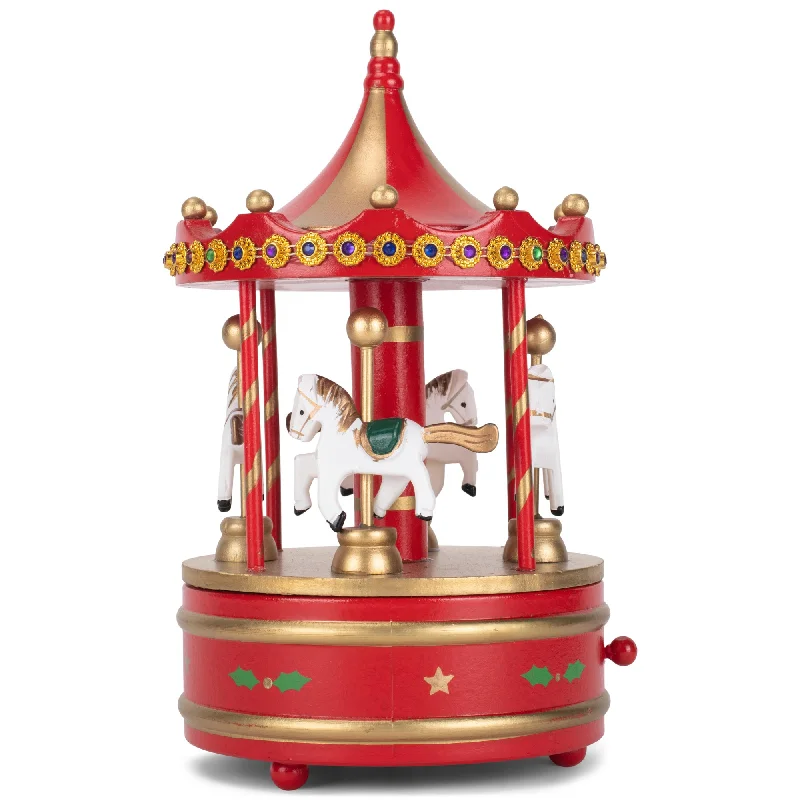 Cottage Garden Rotating Carousel Gold Tone 9 inch Wood Musical Christmas Figurine Plays Jingle Bells