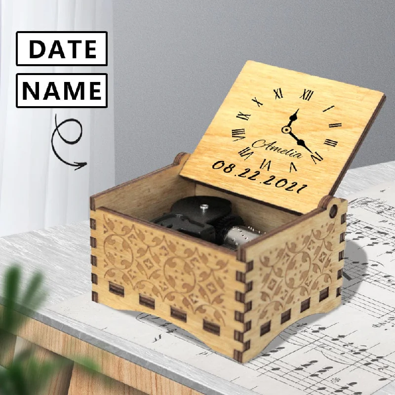 Custom Name&Date Clock Wooden Music Box Made for You Personalized Text Gift