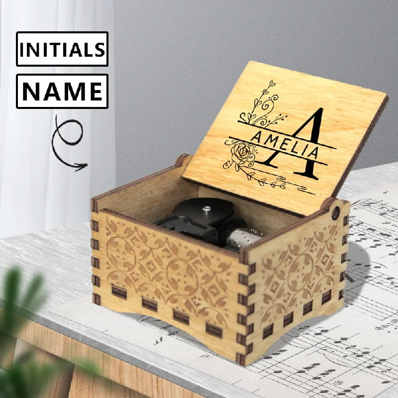 Custom Name&Initials Beautiful Wooden Music Box Design Your Own Personalized Gift