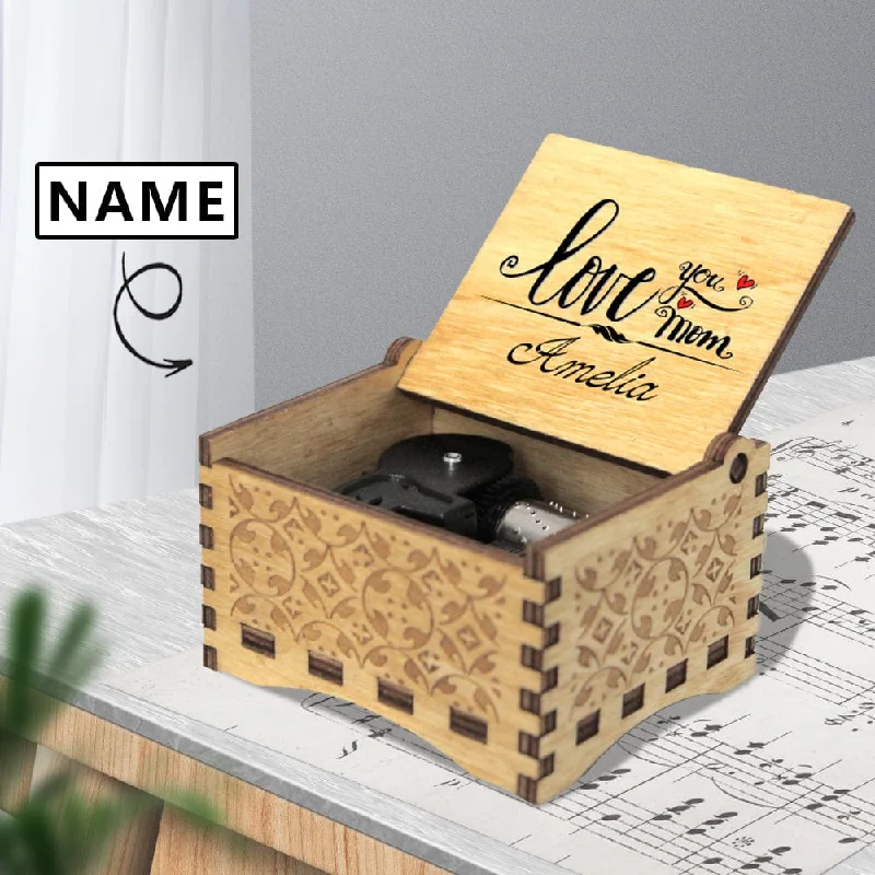 Custom Name Love You Mom Wooden Music Box Design Your Own Personalized Text Music Box