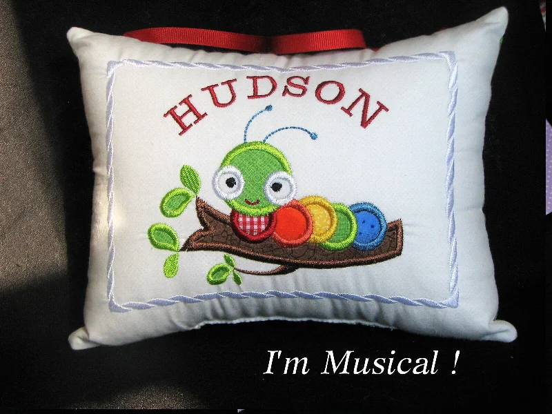 Cute Caterpillar APPLIQUE Music Box Pillow -- Personalized Embroidered MUSICAL Baby Keepsake