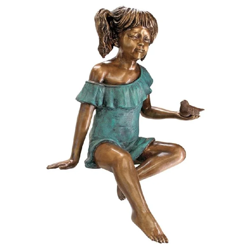 Design Toscano Bridgette with Bird, Little Girl Cast Bronze Garden Statue