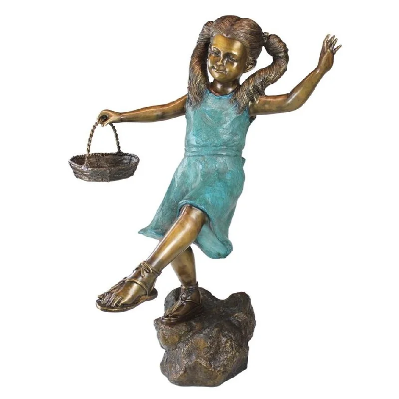 Design Toscano Brittany with a Basket, Little Girl Cast Bronze Garden Statue