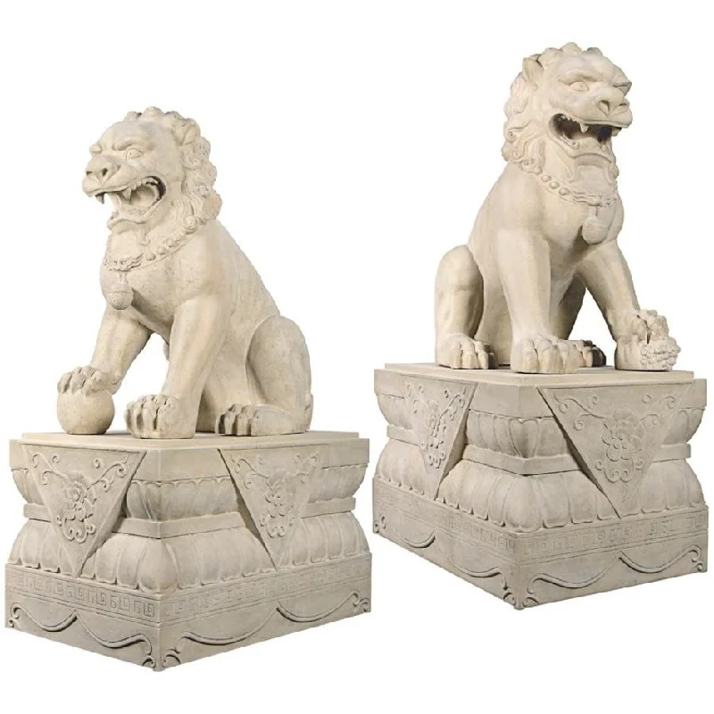 Design Toscano Grand Palace Chinese Lion Foo Dog Statues: Set of Male & Female with Bases