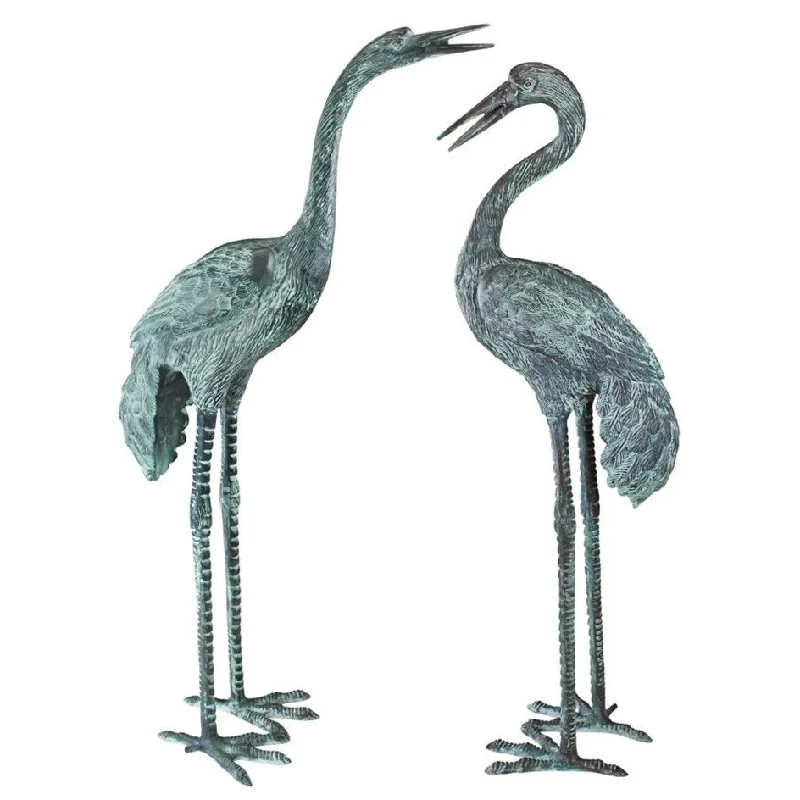 Design Toscano Large Bronze Crane Piped Garden Statues: Set of Two