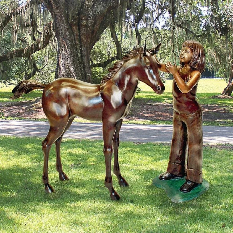 Design Toscano Preening Equestrian Girl and Horse Cast Bronze Garden Statue Set