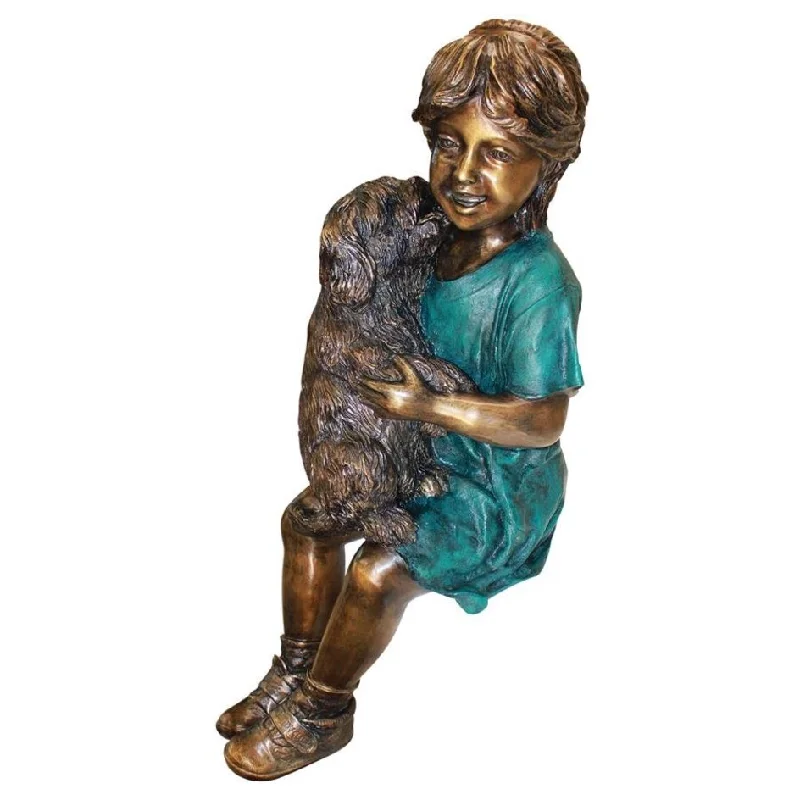 Design Toscano Puppy Kisses, Sitting Girl Cast Bronze Garden Statue