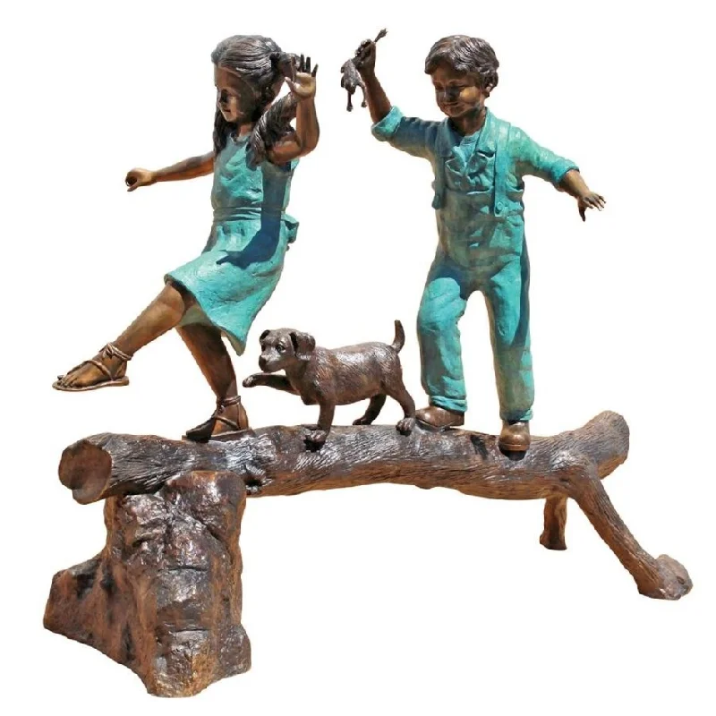 Design Toscano The Adventure, Boy and Girl on Log Cast Bronze Garden Statue