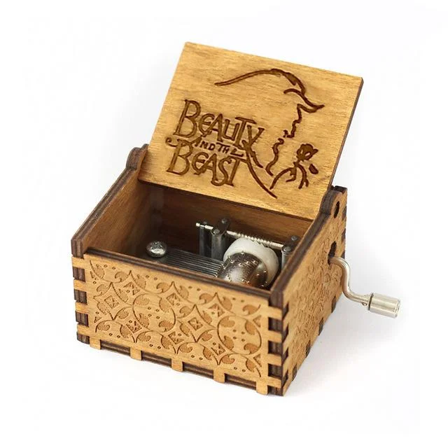 Engraved wooden music box Beauty and the Beast