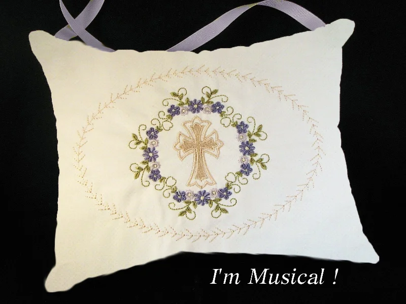 Floral Wreath Cross Music Box Pillow -- Personalized Embroidered MUSICAL Keepsake