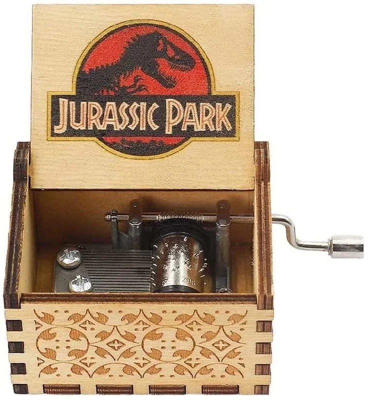 Jurassic Park Music Box - Wood Hand Crank Engraved (Brown) - A Melodic Journey to Prehistoric Adventure 🦕🌳🎶