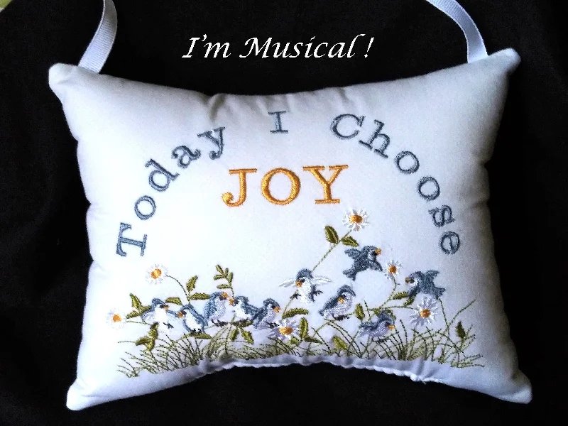 Bluebirds & Daisies Music Box Pillow -- Personalized Embroidered MUSICAL Keepsake