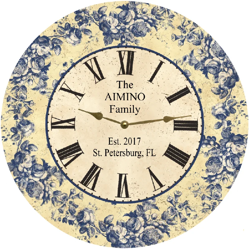 Personalized Floral Blue Toile Clock