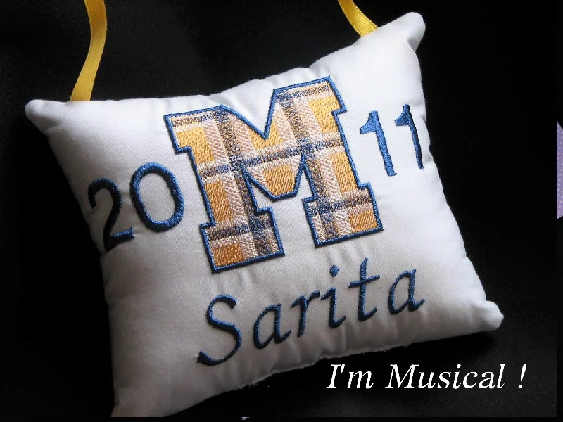 Plaid Collegiate Letter Music Box Pillow -- Personalized Embroidered MUSICAL Keepsake -- Seniors, Graduates, Sports, Music, Team Spirit