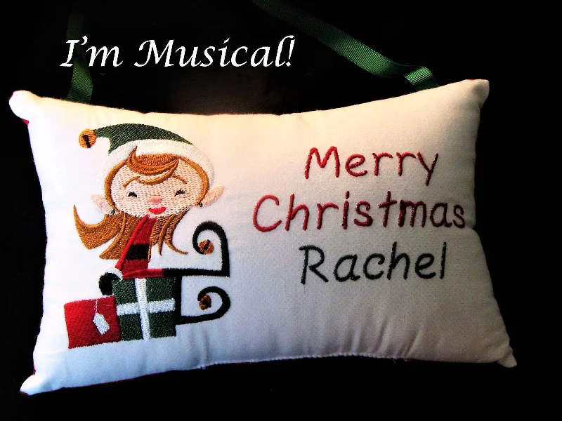 Sassy Elf Music Box Pillow -- Personalized Embroidered MUSICAL Keepsake