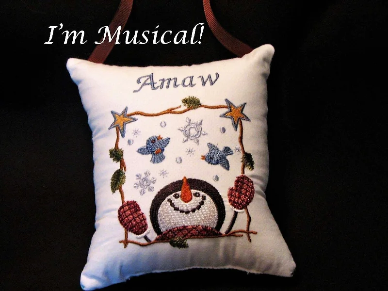 Smiling Snowman Music Box Pillow -- Personalized Embroidered MUSICAL Keepsake