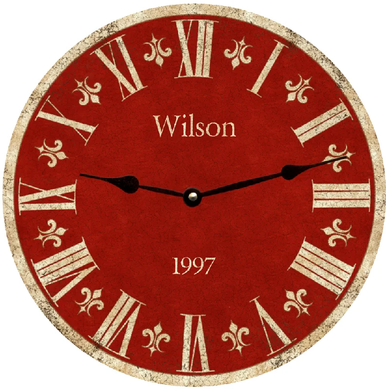 Unique Red Family Name Clock with Fleur-de-Lis Design