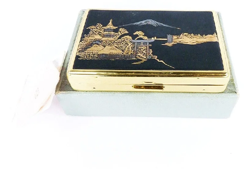 Unused Damascene / Chokin Musical Compact Mirror With 24 Karat Gold Decorations 1950s