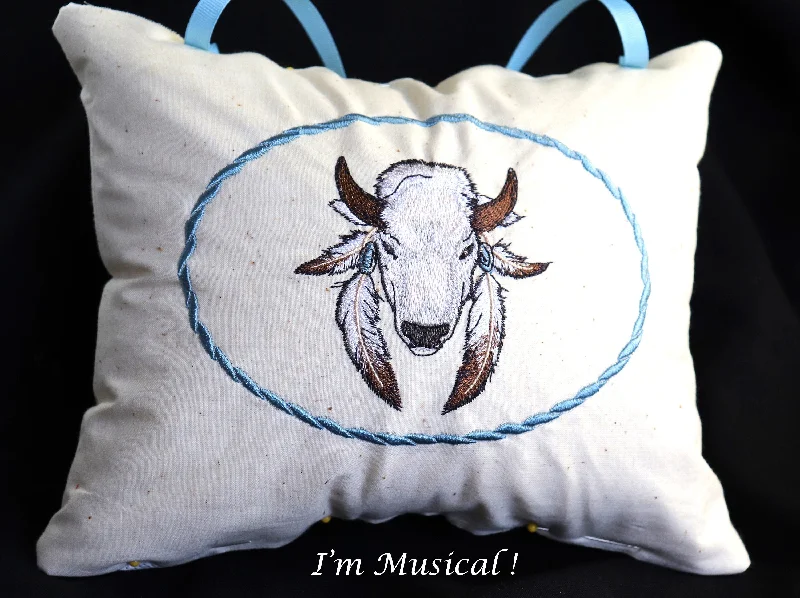 White Bison Music Box Pillow -- Personalized Embroidered MUSICAL Keepsake -- Native American Buffalo