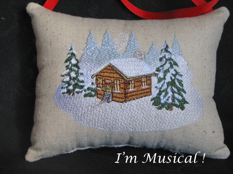 Winter Cabin Music Box Pillow -- Personalized Embroidered MUSICAL Keepsake -- Christmas