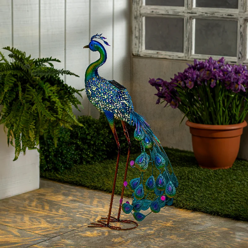 Solar Metal Vibrant Peacock Statue, 33"H