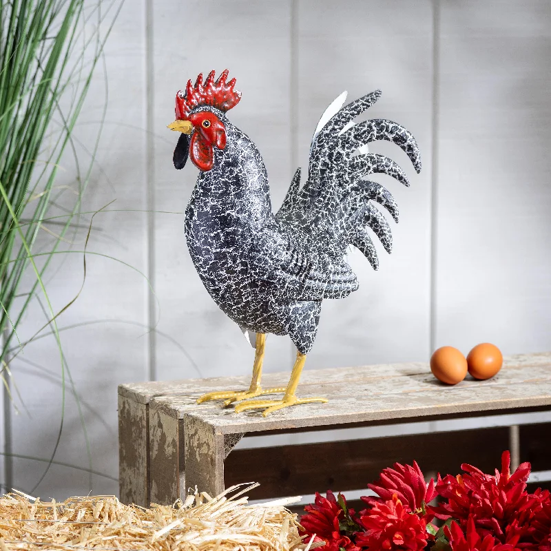 Metal Rooster With Dark Feathers Statue, 14"H