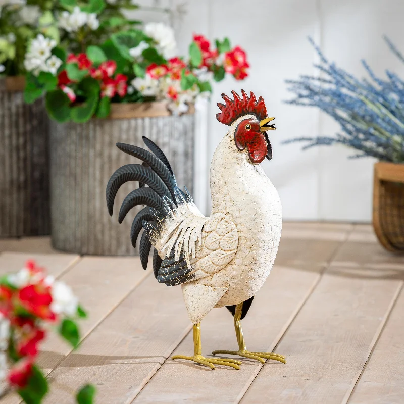 Metal Rooster With Light Feathers Statue, 14"H