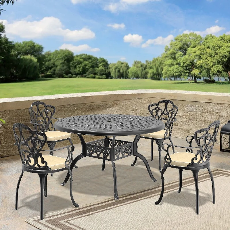 5/7-Piece Cast Aluminum Outdoor Dining Set with 48.03 in. Round Table and Random Color Cushions