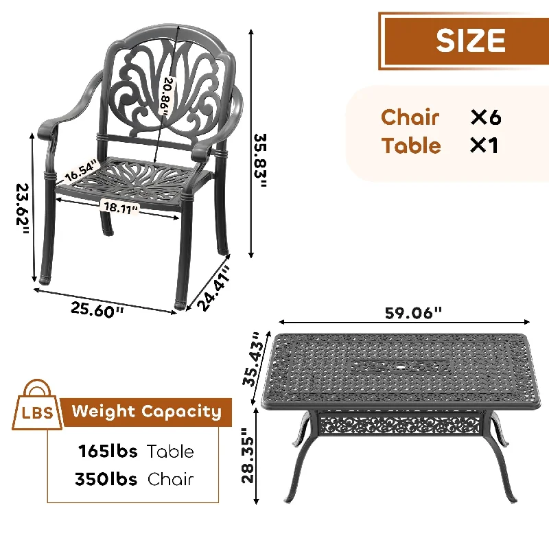 5/7-Piece Cast Aluminum Outdoor Dining Set with 59.06'' L X 35.43'' W Rectangular Table and Random Color Seat Cushions