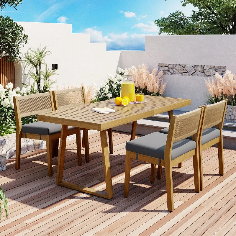 5-Piece Patio Outdoor Acacia Wood Dining Table and Chair Set With Thick Cushions Suitable for Balcony,Vourtyard and Garden