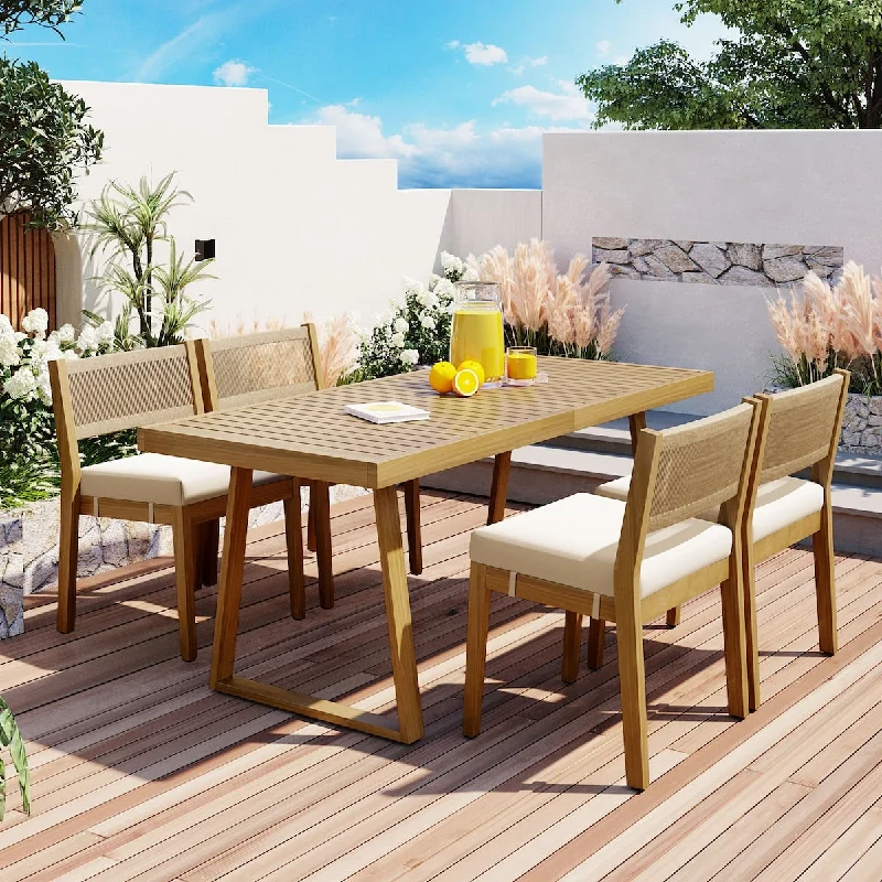 5-Piece Patio Outdoor Acacia Wood Dining Table and Chair Set With Thick Cushions Suitable for Balcony,Vourtyard and Garden