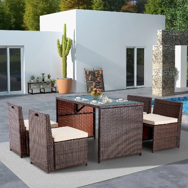 5 Pieces Patio Dining Set, Wicker Patio Furniture Conversation Set with Glass Table and Seat Cushions - N/A