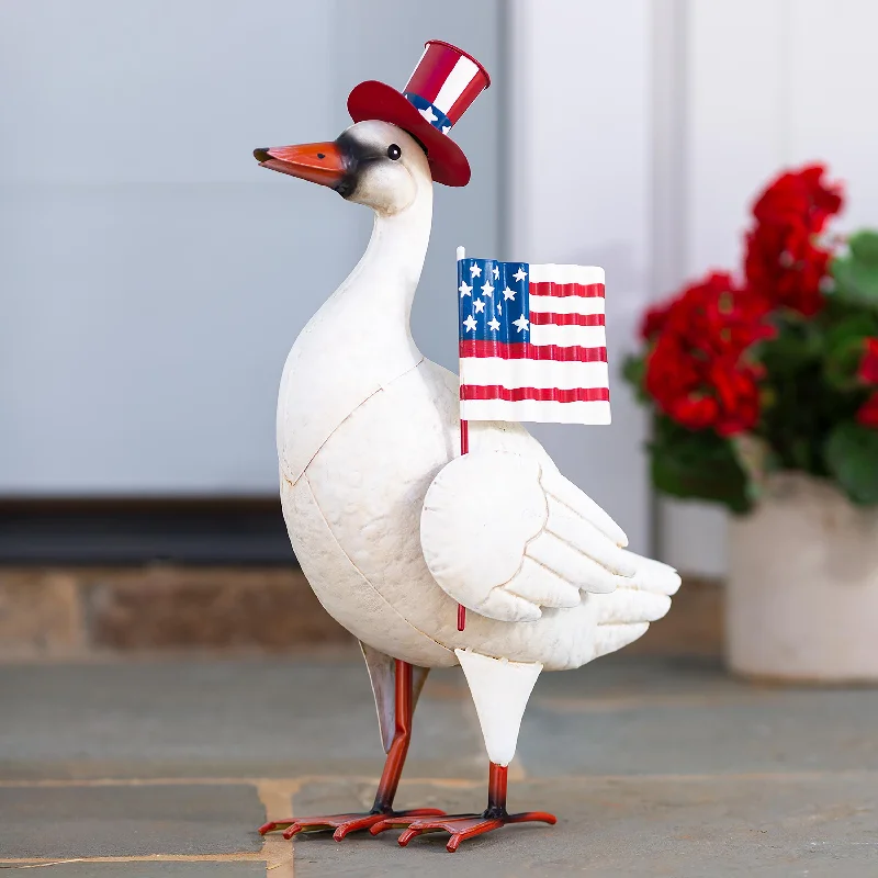 Metal Patriotic Goose Statue with American Flag and Top Hat