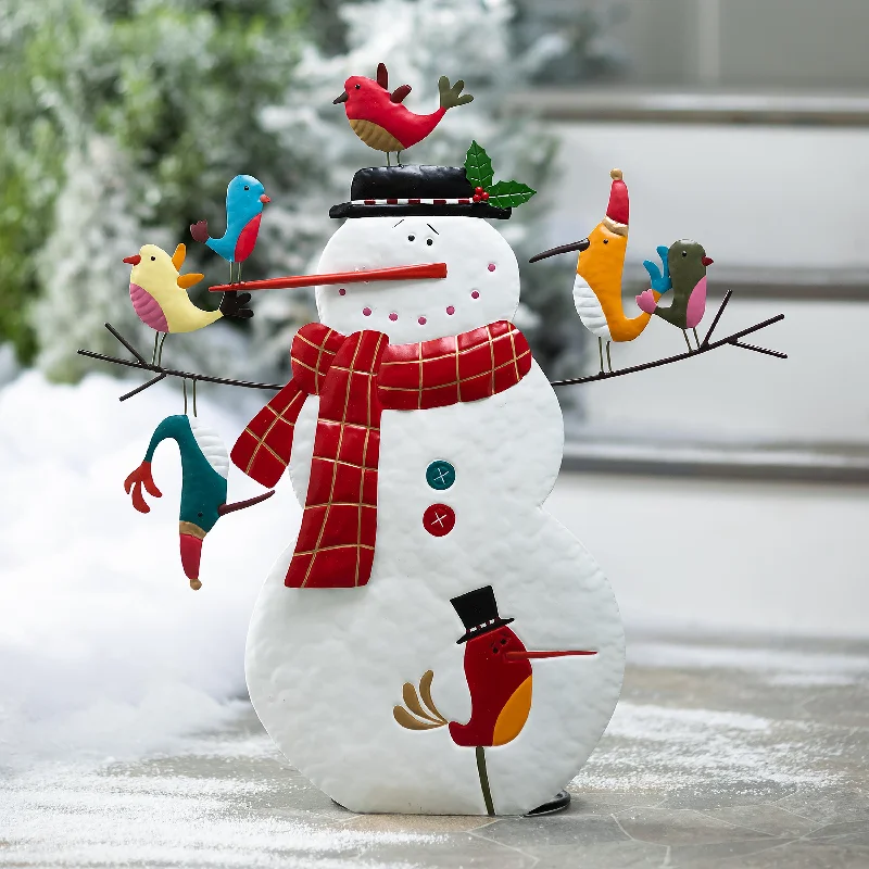 Metal Snowman and Birds Garden Statue