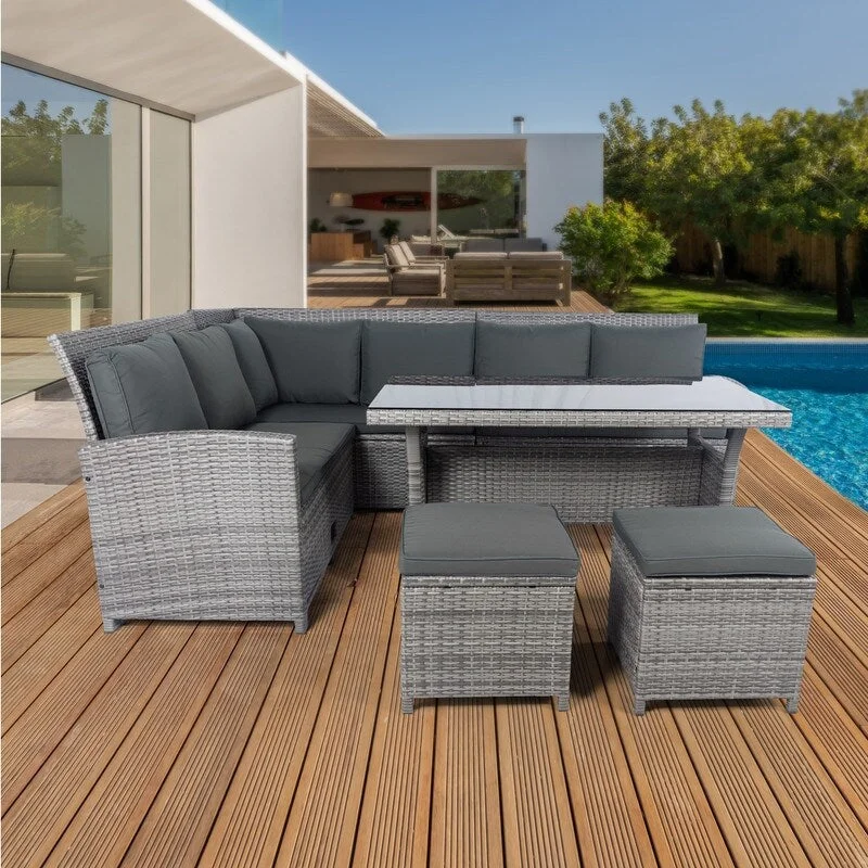 6 Pieces Outdoor PE Rattan Cushioned Sectional/Dining Set