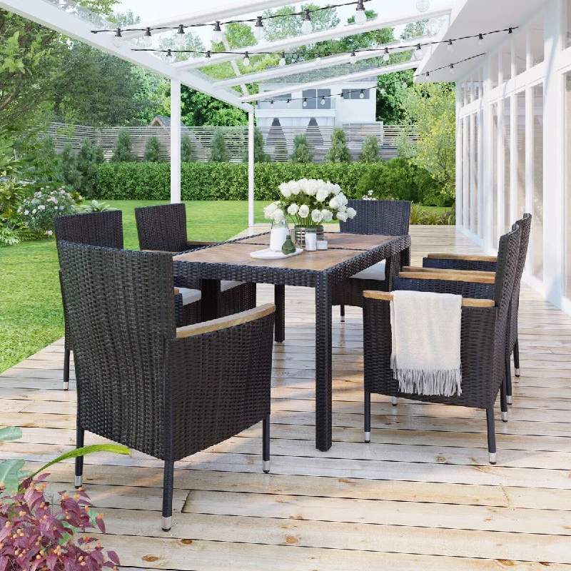 7-Piece Outdoor Dining Set with Acacia Wood Tabletop and Chairs with Cushions