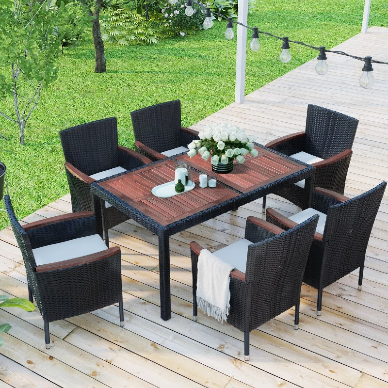 7-Piece Outdoor Patio Dining Set with Acacia Wood Tabletop and Stackable Armrest Chairs with Cushions