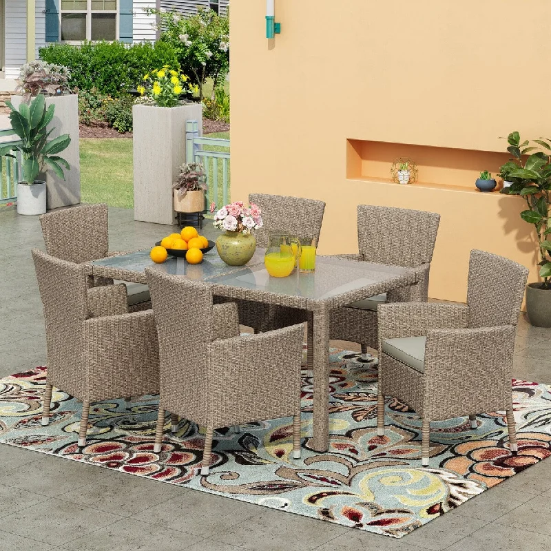 7 Piece Outdoor Wicker Dining Set (Beige Cushions)