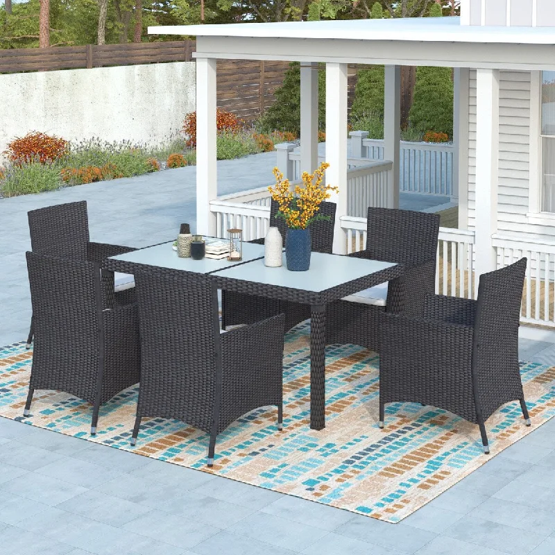 7-piece Outdoor Wicker Dining set with Beige Cushion