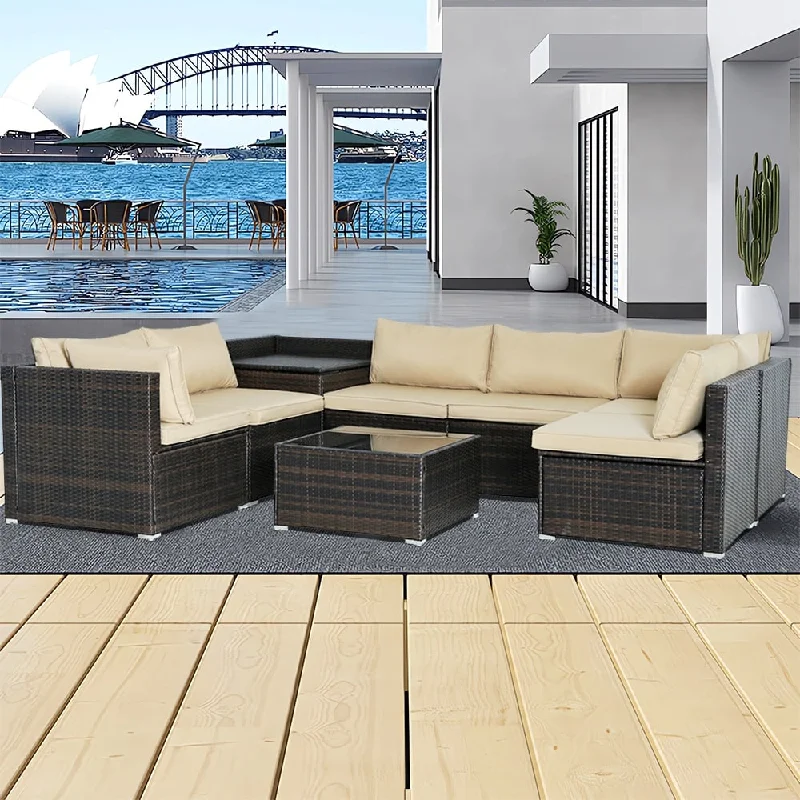 8-Piece Brown Outdoor Rattan Furniture Sets with 6 Sofas, 1 Coffee Table, Storage Box & Cushions