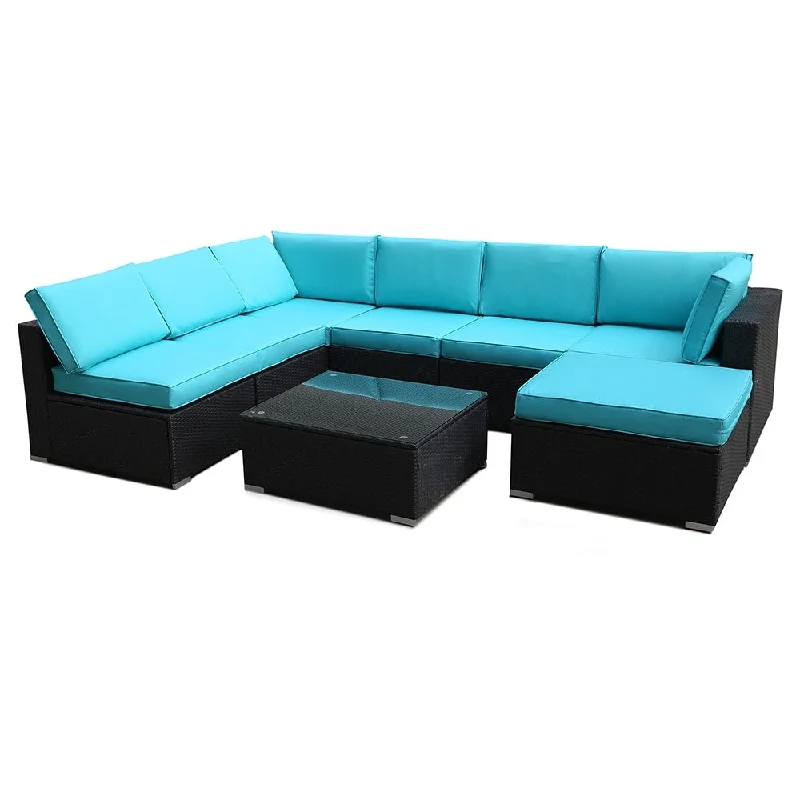 8 Pieces Rattan Patio Furniture Set Blue Cushion