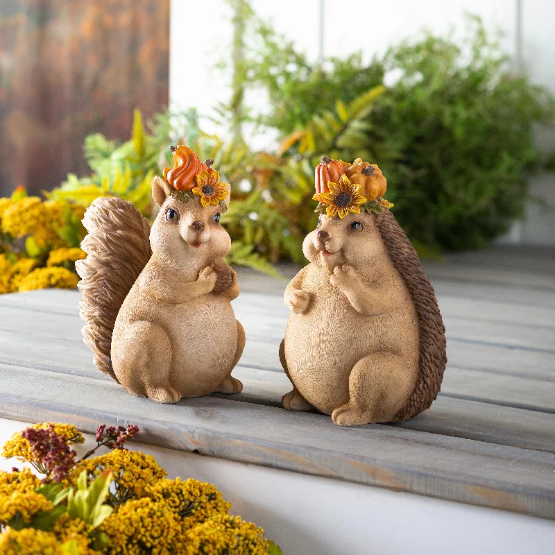 Woodland Creatures with Floral Crown Statuary, Set of 2