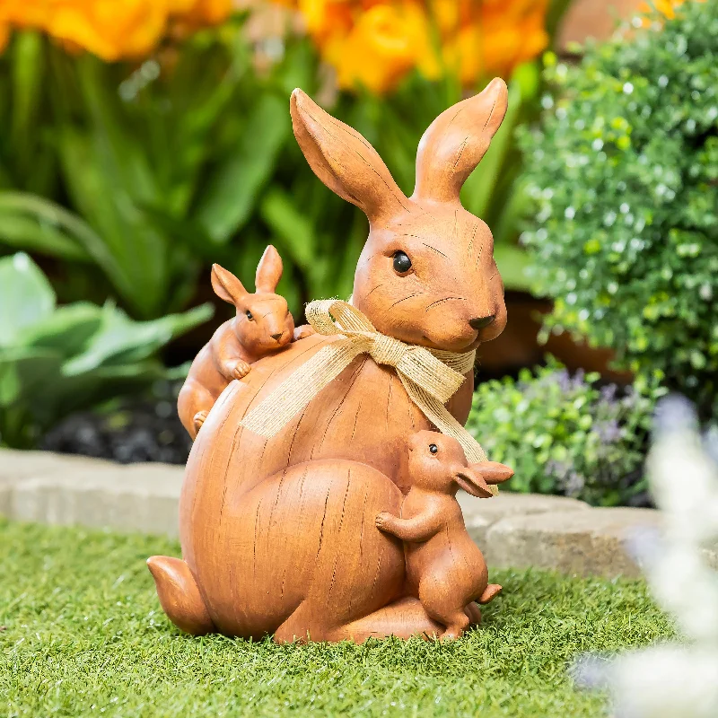 Wood Look Rabbit Mother With Childern Statue